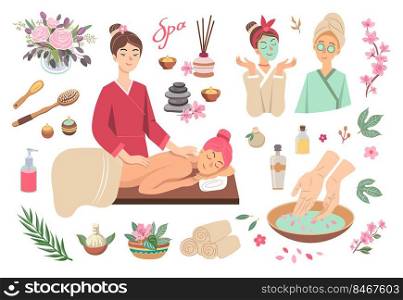Colorful set of spa symbols cartoon vector illustration. Female characters enjoying skincare, aroma therapy, facial and body massage and tools.  Wellbeing, treatment, beauty, salon concept for design