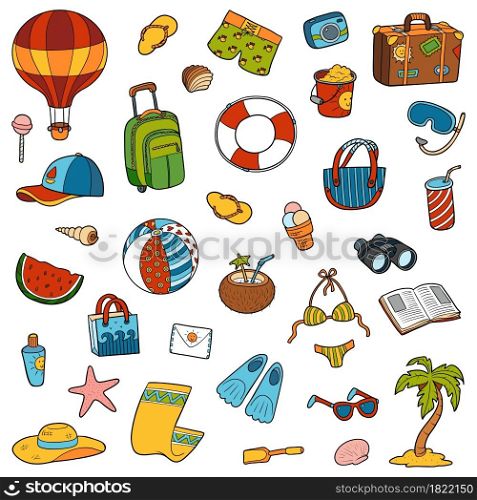 Colorful set of summer objects, vector cartoon collection
