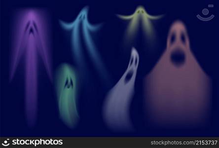Colorful shadows ghost. Swanky halloween ghost, crazy transparent spirits vector set. Ghost halloween shadow, cartoon monster horror and scary illustration. Colorful shadows ghost. Swanky halloween ghost, crazy transparent spirits vector set