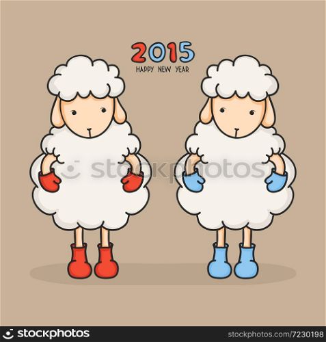 Colorful sheep in boots. Happy new year 2015. Greeting card. . Colorful, cute sheep in boots. Happy new year 2015. Greeting card. Chinese symbol.