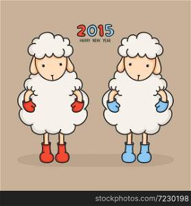 Colorful sheep in boots. Happy new year 2015. Greeting card. . Colorful, cute sheep in boots. Happy new year 2015. Greeting card. Chinese symbol.