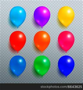 Colorful shiny balloons on transparent background. Vector illustration with nine different beautiful balloons reflecting bright glares. Colorful Shiny Balloons on Transparent Background