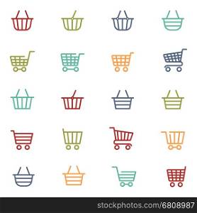 Colorful shopping thin line baskets. Colorful shopping baskets thin line icons set isolated on white. Vector illustration