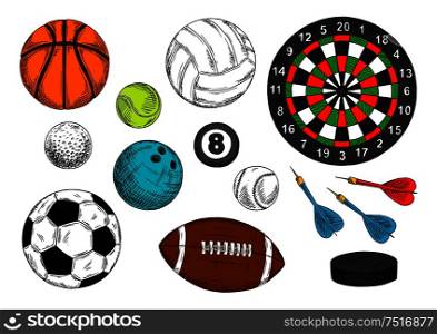 Colorful sketch drawings of sporting items with balls for football or soccer, volleyball, baseball, golf, tennis, american football or rugby, basketball, bowling and billiards, ice hockey puck and dart board with arrows . Sporting balls, hockey puck, dart board sketches