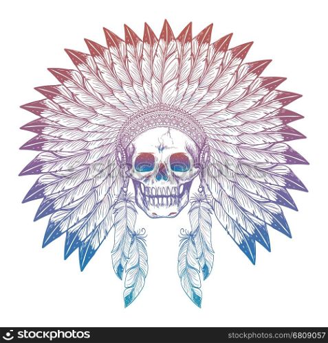 Colorful skull in native american headdress. Hand drawn colorful skull in native american headdress isolated on white. Vector illustration