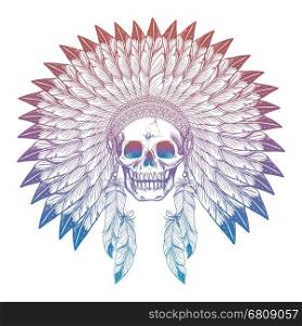 Colorful skull in native american headdress. Hand drawn colorful skull in native american headdress isolated on white. Vector illustration