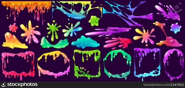 Colorful slime frames, splashes, spots and elements isolated vector set. Liquid toxic ooze borders with blobs and dripping. Bright vibrant sticky goo, jelly or syrup fluid splats, Cartoon illustration. Colorful slime frames, splashes, spots or elements