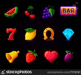 Colorful slots icon set for casino slot machine, gambling games isolated, mobile puzzle game design, vector illustration. Colorful slots icon set for casino slot machine, gambling games