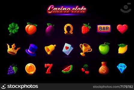 Colorful slots icon set for casino slot machine, gambling games isolated, mobile puzzle game design, vector illustration. Colorful slots icon set for casino slot machine, gambling games, icons for mobile arcade and puzzle games vector