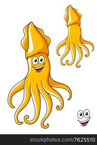 Colorful smiling cartoon squid with curling tentacles isolated on white for sealife design