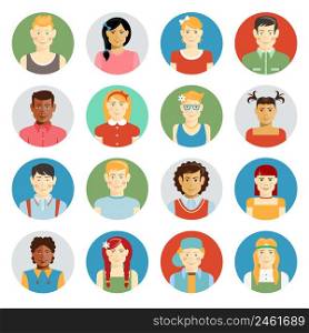 Colorful smiling children vector avatar set with multiracial children of diverse ethnicity boys and girls different hairstyles and clothing on round web buttons for online representation