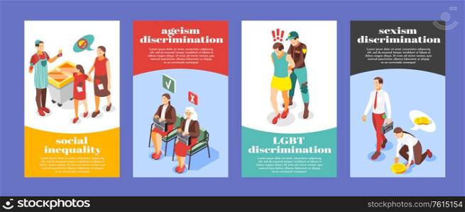 Colorful social inequality banners set with women poor elderly people gay suffering from discrimination 3d isolated vector illustration