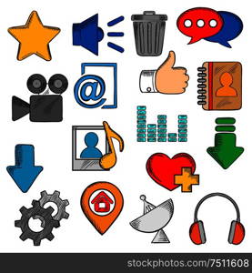 colorful social media icons with chat speech bubble and e-mail, load and thumb up, map pin and home page, favorite star and heart, video and contacts, playlist and equalizer, trash and gear, headphones and speaker. Colorful social media and web icons set