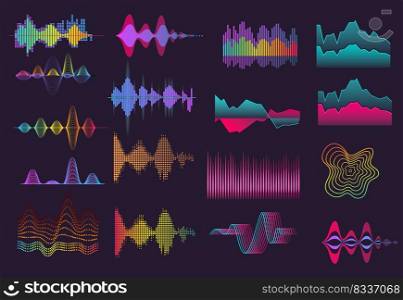 Colorful sound wave set. Neon, black background, voice, frequency. Sound concept. Vector illustrations can be used for topics like music, radio, soundwave