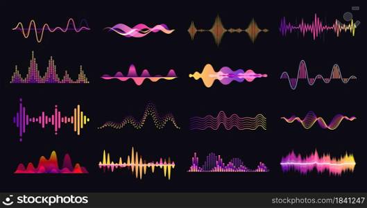 Colorful sound waves, abstract music audio frequency. Voice soundwave, electronic equalizer, sound amplitude, radio waveform vector set. Neon equalizer line, digital bar with different volume. Colorful sound waves, abstract music audio frequency. Voice soundwave, electronic equalizer, sound amplitude, radio waveform vector set