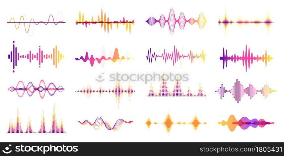 Colorful sound waves, audio frequency graph, voice wave. Abstract soundwave, futuristic radio signal frequency, studio equalizer vector set. Player with dynamic soundtrack bars with curves. Colorful sound waves, audio frequency graph, voice wave. Abstract soundwave, futuristic radio signal frequency, studio equalizer vector set