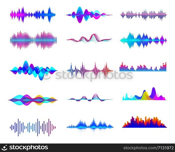 Colorful sound waves. Audio signal wave, color gradient music waveforms and digital studio equalizer vector set. Multicolor audio lines cliparts collection. Soundwaves, radio frequency. Colorful sound waves. Audio signal wave, color gradient music waveforms and digital studio equalizer vector set. Abstract audio line cliparts collection. Multicolor soundwaves, musical rhythm