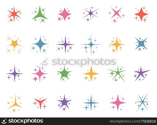 Colorful sparkle stars. Glitter lights, color sparks and shiny star light elements vector set. Collection of shimmering or twinkling flashes. Magic outburst decorative design elements in flat style.. Colorful sparkle stars. Glitter lights, color sparks and shiny star light elements vector set
