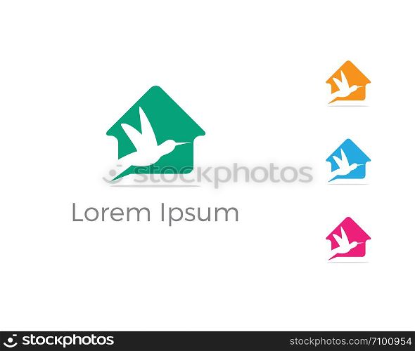colorful sparrow bird illustration in home humming bird vector logo design