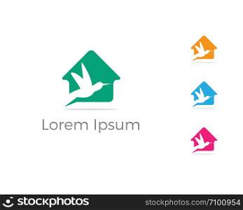 colorful sparrow bird illustration in home humming bird vector logo design