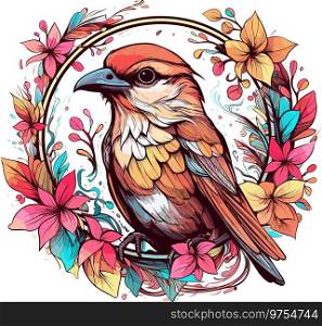 Colorful Sparrow Circle Tee  A Fusion of Botanical Detail and Exotic 2D Game Art