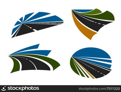 Colorful speedy highway roads and pathway symbols for traveling or transportation design with asphalt road, bright blue sky, mountains, yellow sand and green grassy roadsides, blue lake on the horizon. Speedy highway roads icons for traveling design