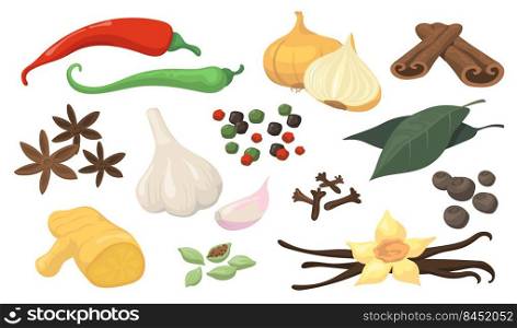 Colorful spicy spices and vegetables flat item set. Cartoon fresh garlic, white onion, hot chili, allspice for sauce isolated vector illustration collection. Seasoning, condiment and cooking concept