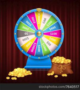Colorful Spinning wheel of fortune with numbers and dollar signs. Sack with gold coins, money prize. Casino roulette, gambling, game of chance vector. Colorful Wheel of Fortune, Gambling and Casino