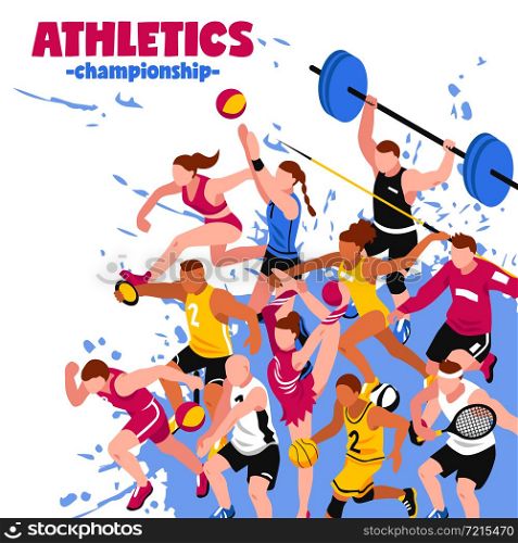 Colorful sport isometric poster with active players sportsmen and athletes on splash background vector illustration. Colorful Sport Isometric Poster