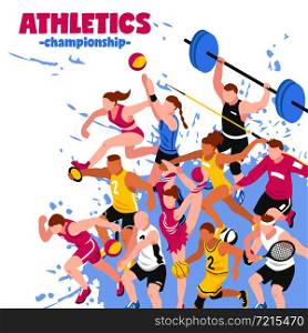 Colorful sport isometric poster with active players sportsmen and athletes on splash background vector illustration. Colorful Sport Isometric Poster