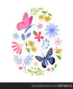 Colorful spring flower with butterfly in oval shape. Happy Easter concept. Vector illustration.