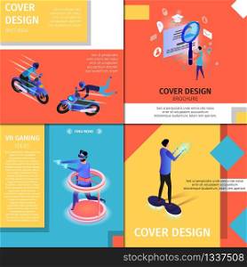 Colorful Square Banners Set with Copy Space. Cover Design. Men Extreme Riding Motocycles, Man Playing Virtual and Augmented Reality Games, Guy on Hoverboard. 3D Flat Vector Isometric Illustration.. Colorful Cover Design Banners Set with Copy Space.