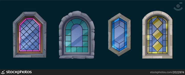 Colorful stained glass windows with stone frame. Vector cartoon set of medieval gothic mosaic windows for interior of catholic cathedral, castle, palace, chapel and antique house. Colorful stained glass windows with stone frame