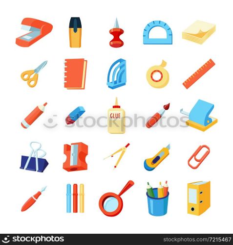 Colorful stationery icons set of various office supplies in flat style isolated vector illustration. Colorful Stationery Icons Set