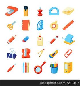 Colorful stationery icons set of various office supplies in flat style isolated vector illustration. Colorful Stationery Icons Set
