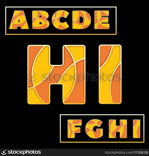 Colorful stylized ABC font with capital letters from A to I. Part 1 of 5. Enamel mosaic art isolated characters in warm orange palette. Typography vector illustration for elegant and stylish design.. Orange enamel mosaic jewerly stylized font design.
