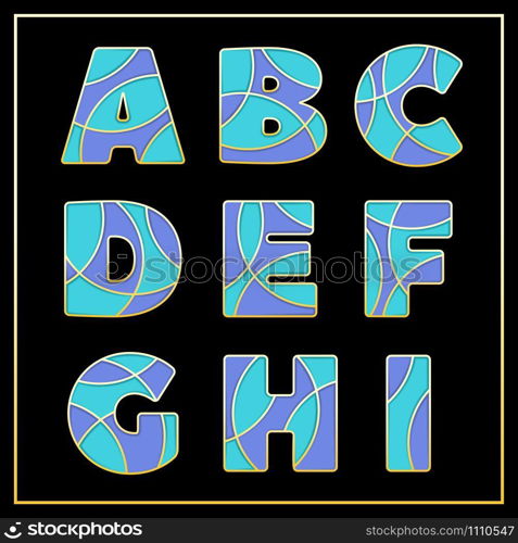 Colorful stylized ABC mosaic font with capital letters from A to I. Part 1 of 5. Enamel jewelry art isolated characters in bright violet and blue colors. Vector illustration for stylish design.. Violet enamel mosaic jewerly stylized font design.