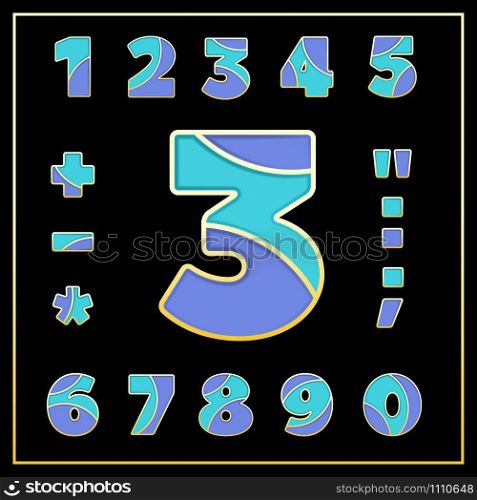 Colorful stylized ABC mosaic font with numbers and punctuation marks. Part 4 of 5. Enamel jewelry art isolated characters in bright violet and blue colors. Vector illustration for stylish design.. Violet enamel jmosaic ewerly stylized font design.