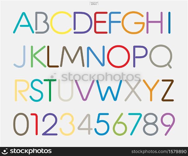 Colorful stylized alphabet letters and numbers. Stylish typeface design. Vector illustration