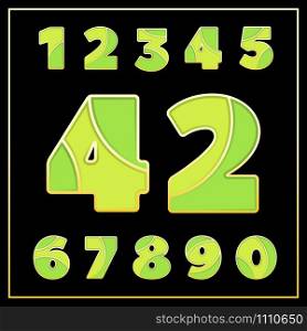 Colorful stylized mosaic font with digits. Part 3 of 4. Enamel jewelry art isolated numbers in green colors. Typography vector illustration on black background for elegant and stylish design.. Colorful enamel jmosaic ewerly stylized numbers design.