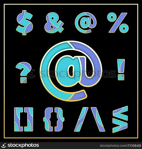 Colorful stylized mosaic font with punctuation marks. Part 5 of 5. Enamel jewelry isolated symbols in violet and blue colors. Dollar sign, exclamation mark, percent sign and others for elegant design.. Violet enamel mosaic jewerly stylized symbols design.