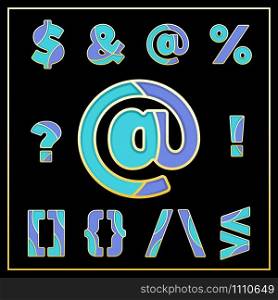 Colorful stylized mosaic font with punctuation marks. Part 5 of 5. Enamel jewelry isolated symbols in violet and blue colors. Dollar sign, exclamation mark, percent sign and others for elegant design.. Violet enamel mosaic jewerly stylized symbols design.