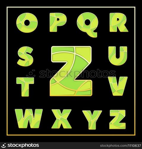 Colorful stylized upper case ABC mosaic font with letters from O to Z. Part 2 of 4. Enamel jewelry art isolated signs in green palette. Typography vector illustration for elegant and stylish design.. Colorful enamel jewerly stylized font design.
