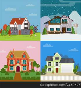 Colorful suburban cottages flat concept of different architecture and construction in various seasons vector illustration. Colorful Suburban Cottages Flat Concept