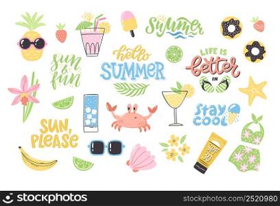 Colorful summer clipart set with lettering. Hand-drawn holiday decoration and typography. Isolated vector illustration designs with season elements like swimsuit, sunglasses, starfish and others.