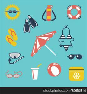 Colorful summer flat icons. Colorful summer flat icons ball sunglasses swimwear sun umbrella vector