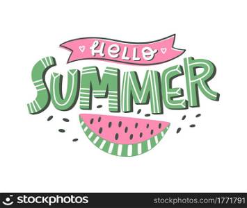 Colorful summer lettering in modern style. Hand-drawn holiday decoration. Isolated vector illustration design with summer elements.