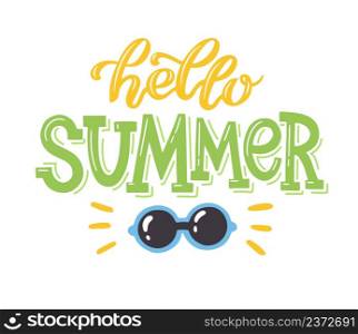 Colorful summer lettering in modern style. Hand-drawn holiday decoration. Isolated vector illustration design with summer elements. Hello summer text. Vector typography.