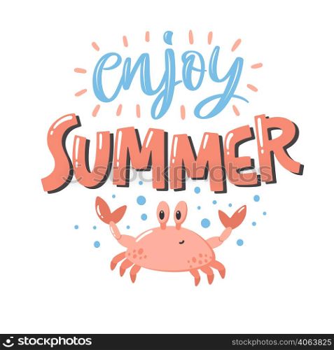 Colorful summer lettering in modern style. Hand-drawn holiday decoration. Isolated vector illustration. Cozy design with cute crab and water spray.
