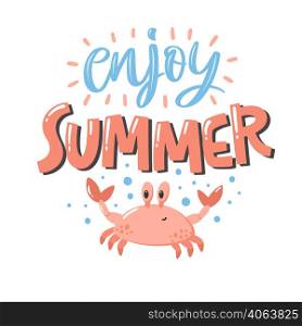 Colorful summer lettering in modern style. Hand-drawn holiday decoration. Isolated vector illustration. Cozy design with cute crab and water spray.